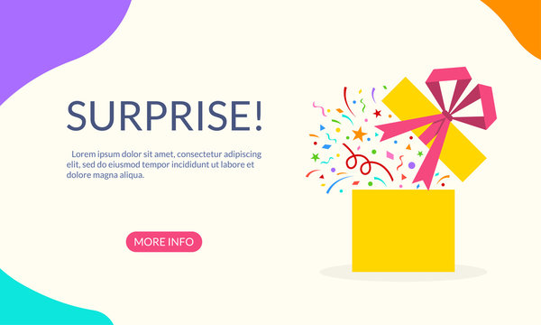 Gift box with confetti, ribbon and bow. Surprise banner for web, mobile site, infographic, landing page, party invitation, greeting card. Present package for Birthday celebration or Christmas. Vector.