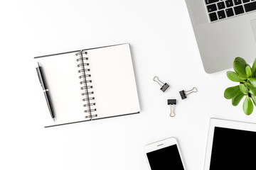 Modern workspace with business accessories and empty notebook. Office desktop