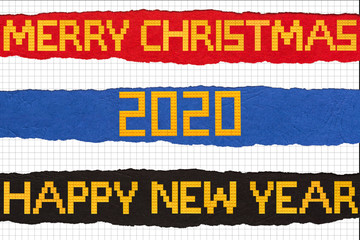 Merry Christmas and Happy New Year Bricks Toys Background on ripped paper