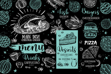 Christmas restaurant menu. Sketch illustration. Vector.