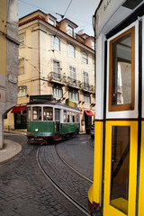 Tourist tram rides around the old town in Lisbon, Portugal
