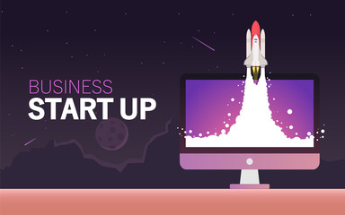 Vector illustration of space interstellar travels, universe and distant galaxies. spacecraft, rocket or shuttle for space travel or mission. Clerks working together on startup comp