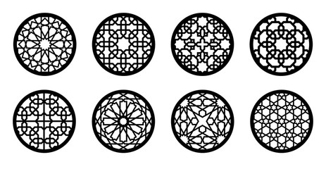 Arabesque circle, round element set for laser cutting ,stencil, engraving. Geometric arabic pattern for glass stand, cup stand, wall hanging, menu stamp design.