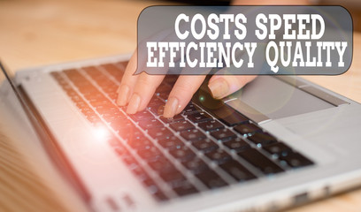 Writing note showing Costs Speed Efficiency Quality. Business concept for Efficient operation inputs outputs balance woman with laptop smartphone and office supplies technology