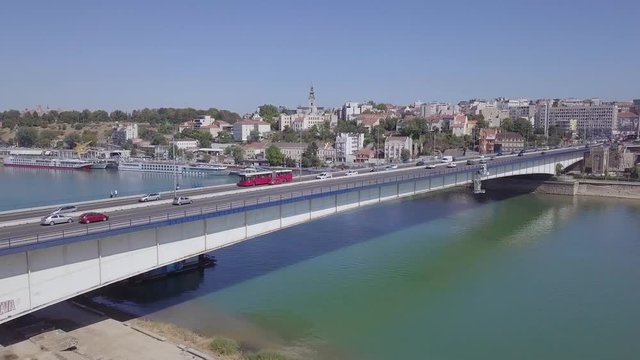 Slow panorama 4k aerial shot of Branko bridge in Belgrade
