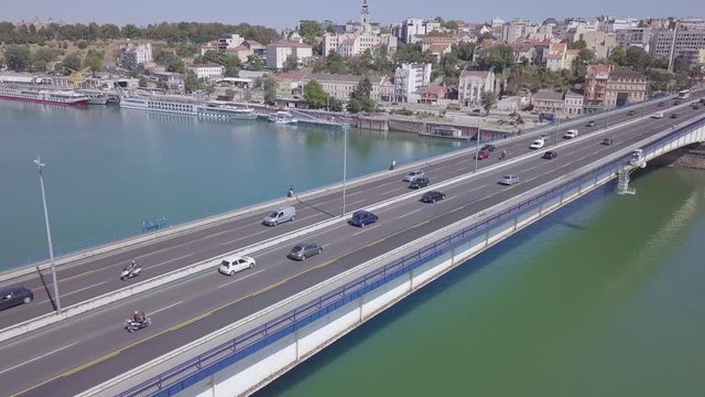 Branko bridge and Kosancev venac in summer day, aerial 4k shot