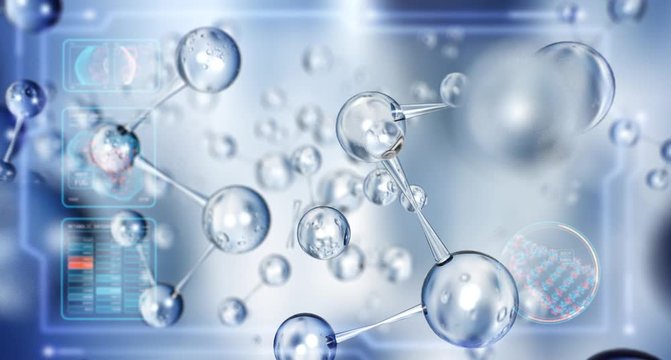 Slow motion macro of micro hi tech water molecules is analyzed with microscope for biochemistry and dna research in futuristic scientific laboratory. 