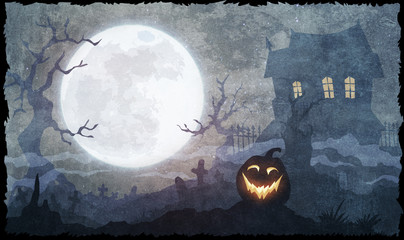 Full moon and haunted manor halloween illustration