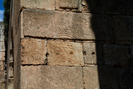 close-up view to Ruins of Bacchus temple with traces of the ,,disc grinder,, in Baalbek Bekaa valley, Lebanon