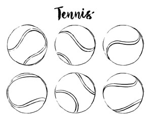 set of tennis ball hand drawn brush strokes, black outline on white background