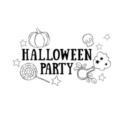 Halloween Party. Lettering. Pumpkin. Candies. Magic and stars. Isolated vector object on a white background.