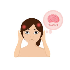 Woman suffers from headache and migraine. 