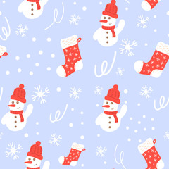 Christmas stocking and snowman.Seamless pattern