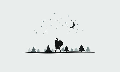 Santa Claus walking at a wood, vector christmas background