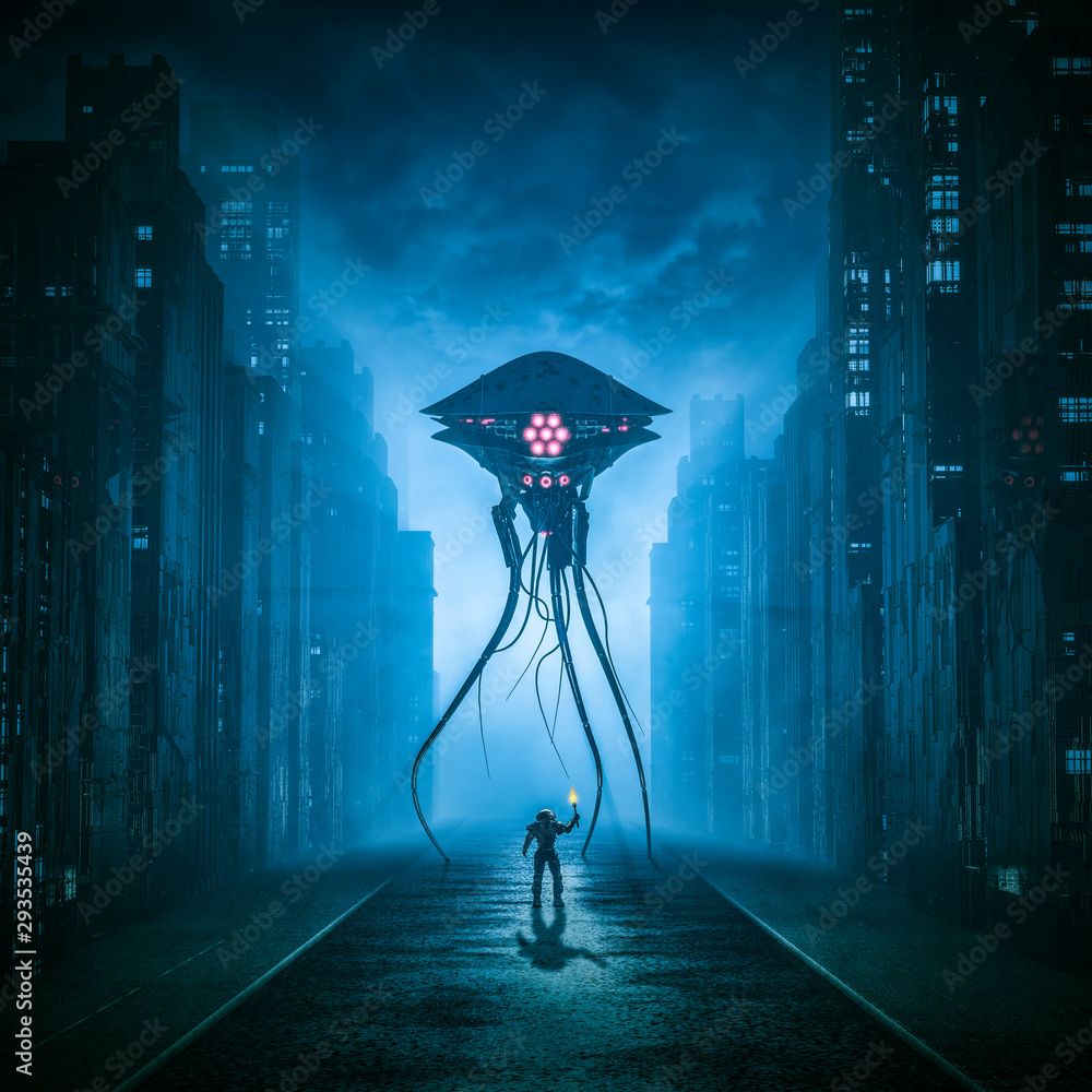 Wall mural alone against the invader / 3d illustration of retro science fiction scene with lone astronaut facin