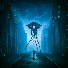 Alone against the invader / 3D illustration of retro science fiction scene with lone astronaut facing giant alien machine in city street © grandeduc