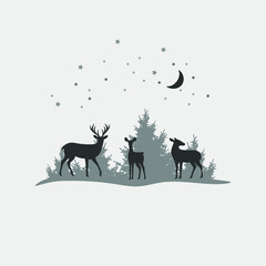 Deer family, vector christmas background with stars and moon