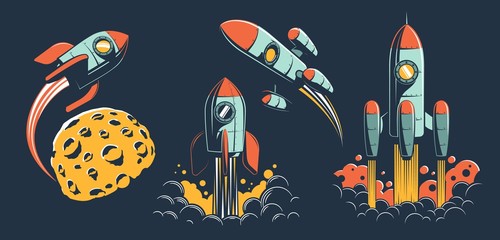 Space rocket of various designs flies in space - set of retro vector illustrations. Vintage spaceship launch to the other planet. © Agor2012