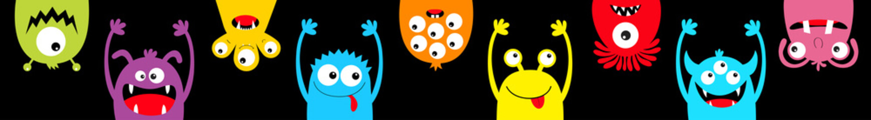 Happy Halloween. Hanging monster colorful silhouette head face icon set line. Eyes, tongue, tooth fang, hands up. Cute cartoon kawaii scary funny baby character. Black background. Flat design. © worldofvector