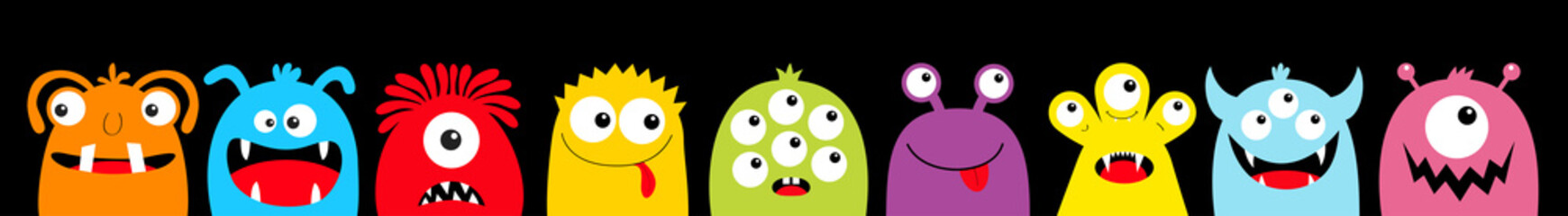 Happy Halloween. Monster colorful silhouette head face icon set line. Eyes, red tongue, tooth fang. Cute cartoon kawaii scary funny baby character. Black background. Flat design.