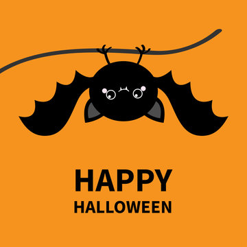 Happy Halloween. Bat hanging. Cute cartoon kawaii funny round baby character with open wings. Black silhouette. Forest animal. Flat design. Orange background. Isolated. Greeting card.