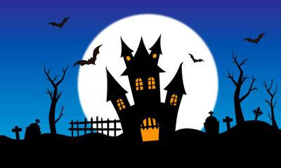 Halloween background. Scary house, cemetery and bats