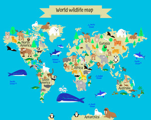 World wildlife map with animals and plants from different continents. geography for children. atlas of world with continents and oceans © Elena