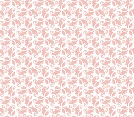 Floral ornament. Seamless abstract classic background with flowers. Pattern with pink repeating floral elements. Ornament for fabric, wallpaper and packaging