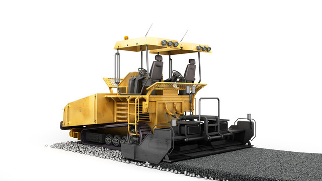 Yellow Asphalt Spreader Machine Lays Asphalt 3d Render On White