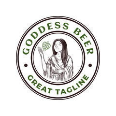 Goddess proud of her hops beer circle logo badge template, sticker, package, bottle
