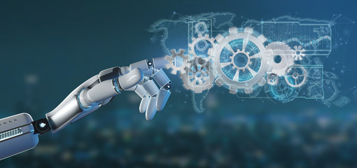 Cyborg hand holding a  gear wheel interface 3d rendering