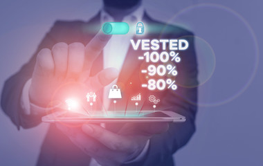 Handwriting text writing Vested 100 Percent 90 Percent 80 Percent. Conceptual photo Eligible for Retirement Benefit based on years of Service Male human wear formal work suit presenting presentation