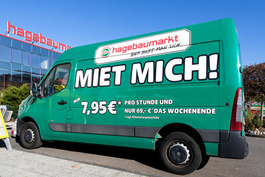 SIEGEN, GERMANY - OCTOBER 21, 2018: Hagebaumarkt rental van at store. Hagebaumarkt is a German DIY-store chain offering home improvement and do-it-yourself goods.