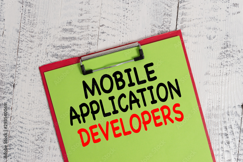 Poster word writing text mobile application developers. business photo showcasing create software for devic