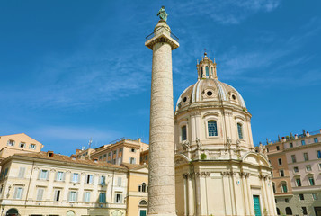 Fototapeta na wymiar Trajan forum in Rome, with Trajan column, Santissimo Nome di Maria Church and Basilica Ulpia.