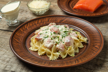 Pasta Farfalle with smoked salmon in cream sauce
