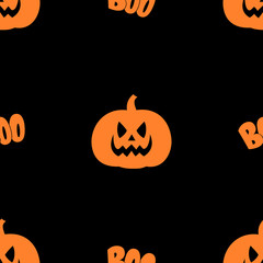 Halloween seamless pattern with orange pumpkins. Jack-o-Lantern on black background. Vector illustration.