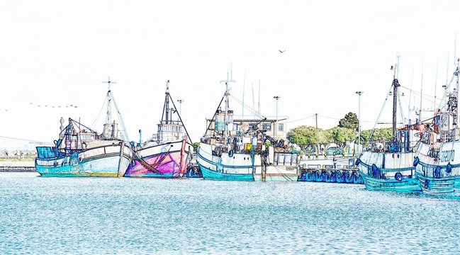 Landscape with retired fishing boats in the Velddrif harbor