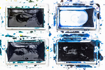 Set watercolor paints with paintbrush. Art concept