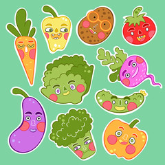 Fresh and cute vegetables set. Potatoes, carrots, radishes, beets, eggplant, pepper, cucumber, tomato, pumpkin, broccoli, salad. Isolated vector objects.