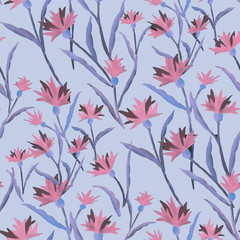 Beautiful watercolor illustration with watercolour blue cornflower on white background. seamless pattern. Watercolour illustration. Watercolor botanical illustration.