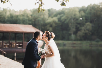 Kissing wedding couple staying over beautiful landscape