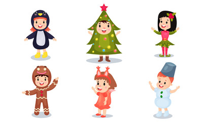 Obraz na płótnie Canvas Set Of Six Children Wearing Fan Costumes For Christmas Or Baby New Year Eve Celebration Vector Illustrations Cartoon Characters