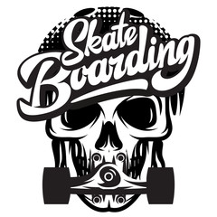 Vector monochrome illustration with skate, skull and inscription