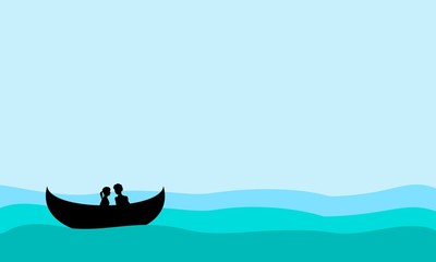 Lovers couple sit on a boat in the middle of the sea. Vector blue color illustration for honeymoon or Valentine day. 