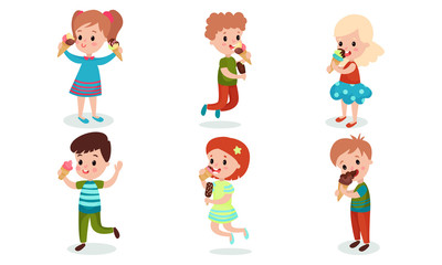 Set With Six Children With Ice Cream Vector Illustrations Cartoon Characters