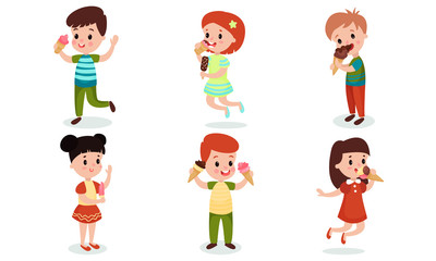 Set Of Six Cartoon Characters Of Children With Different Kinds Of Ice Cream Vector Illustrations