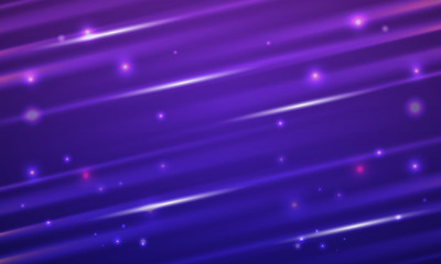 Shiny light rays trail on purple background for speed or motion concept.