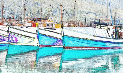 Landscape with fishing boats in Hout Bay harbor