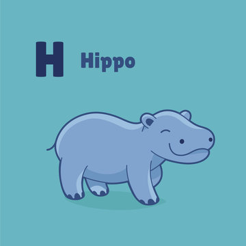 Cartoon hippo, cute character for children. Good illustration in cartoon style for abc book, poster, postcard. Animal alphabet.